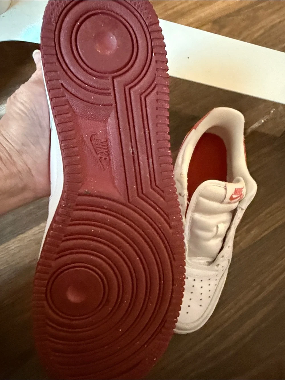 Nike Women’s White and Red Low-Top Air Force one sneakers, red dragon 07 size 10